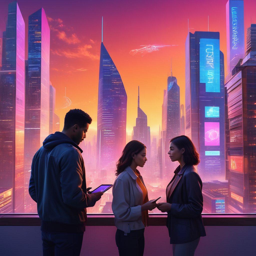 A futuristic cityscape with various apartments, showcasing a diverse range of housing styles. In the foreground, a friendly insurance agent is guiding a young couple through a digital tablet displaying apartment insurance options. Hovering icons show affordable prices and comprehensive coverage details, illuminated by neon lights. The sky features a sunset gradient with tech-inspired elements, symbolizing progress and security. cyberpunk. vibrant colors. 3D.