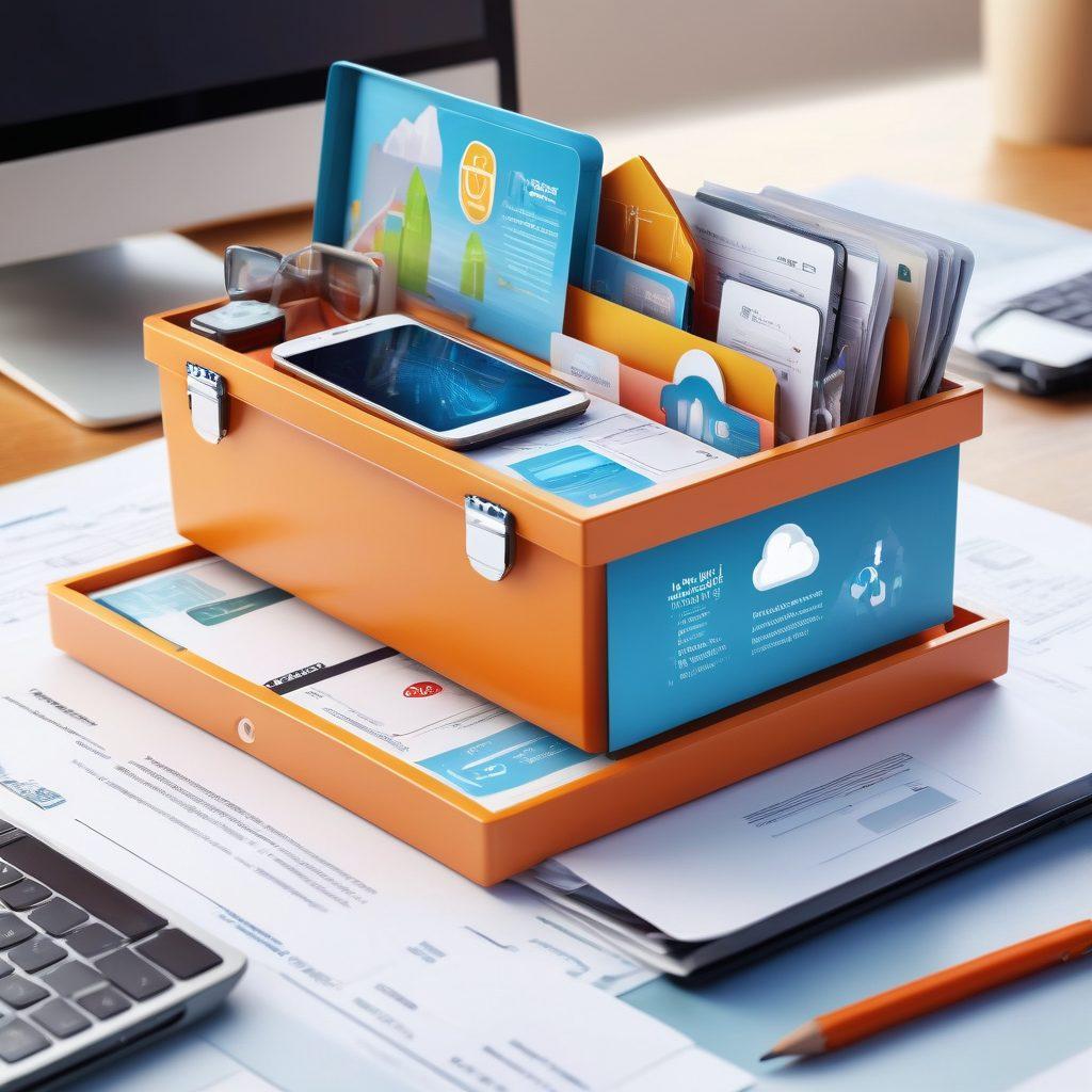 Create an image of a sleek, modern toolbox filled with digital tools like a smartphone, laptop, and insurance policy documents, set against a background of abstract digital landscapes representing the online insurance world. Include colorful icons representing various insurance sectors, like health, auto, and home. Add a light glow effect to emphasize the digital aspect. vibrant colors. 3D. futuristic.